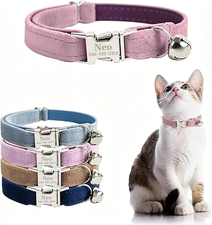 Personalized Cat Collar with Name Plate,Adjustable Tough Nylon Cat ID Collars with Bell,Customize Engraved Pet Name and Phone Number (Velvet Style B)