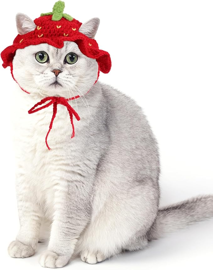 Piriuuo Strawberry Cat Hat, Cotton & Soft Cute Knitted Hats for Cats Birthday Party Christmas Puppy Hat for Small Pets (Red, M)