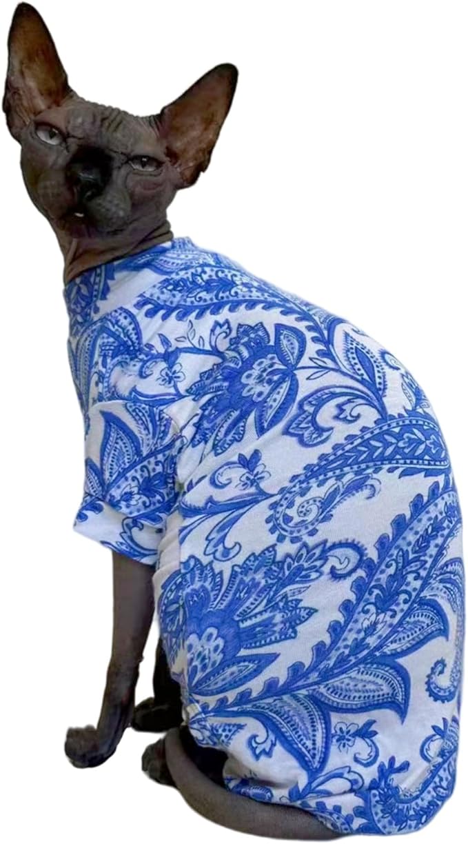 Sphynx Cat Four Leg Cotton Pajamas Elastic Pet Clothes for Hairless Cats Surgery Recovery Suit Undershirt Thermal Clothes for Sphynx, Devon, Cornish (Blue Porcelain, L)