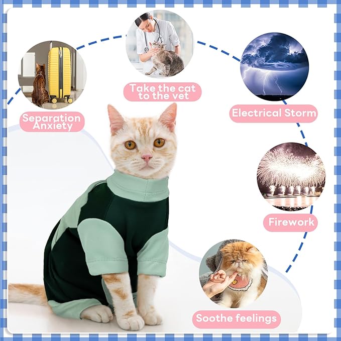 Anxiety Relief Cat Clothes with Zipper, Adjustable Calming Suit, Cat Apparel for Fireworks, Separation, Thunderstorms, Loud Noises, Comfortable Wrap to Reduce Anxiety, Green X-Large