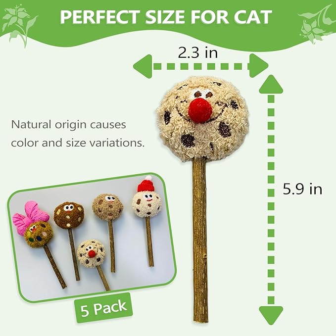 Silvervine Sticks for Cats (5-Pcs), Catnip Lollipop Cat Toy for Indoor Cats, Natural Cat Chew Toys for Kitten Teething and Teeth Cleaning