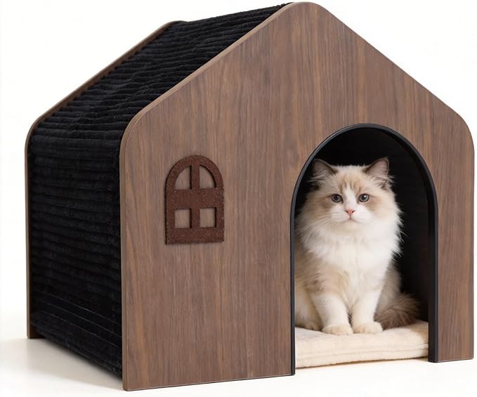 Wooden Cat House for Indoor Cats - Plush Corduroy Semi Enclosed Cat Condo, Dual Sided All Season Washable Cat Bed, Sturdy Modern Cat Furniture for Small & Medium Cats Up to 20lb/9kg
