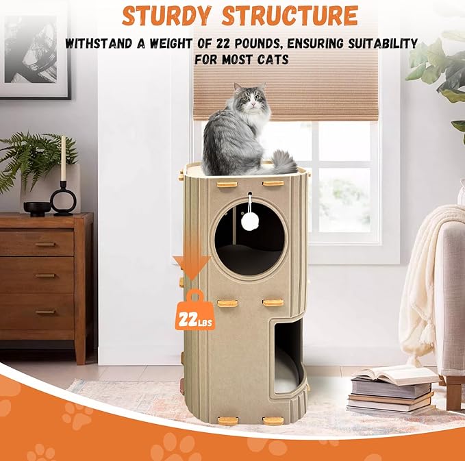 Homegroove Cat House for Indoor Cats, 2-Storey Cozy Felt Cat Bed Cave with Tunnel Hideaway, Large Multi-Cat Condo for Rest & Play (Camel, Large)