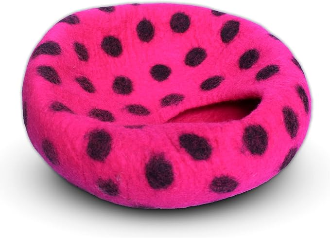 Woolygon Premium Felt Cat Cave Bed – Wool Kitty Beds Handcrafted Kitten Caves Bed for Indoor Cats - Made from Merino Wool, Foldable Cat Hideaway Covered Cat House Pod (Pink Polka)