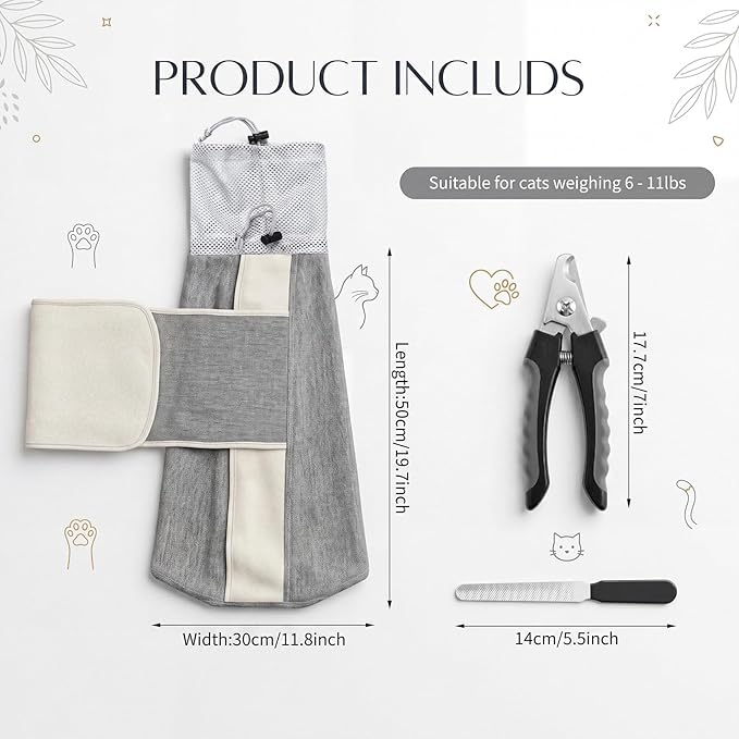 Hsei Cat Grooming Wrap Kit with Nail Clipper and File Self Adhesive Cat Swaddle for Cutting Nails Calm Pet Burrito Wrap Restraint Bag for Nail Trimming, Vet Visits & Medication