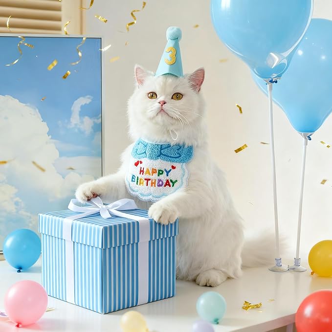 Reusable Cat Birthday Decorations Set - Adjustable Cat Birthday Hat & Bandana with Age Numbers | Kitty Celebration Kit for Memorable Milestones（Blue）