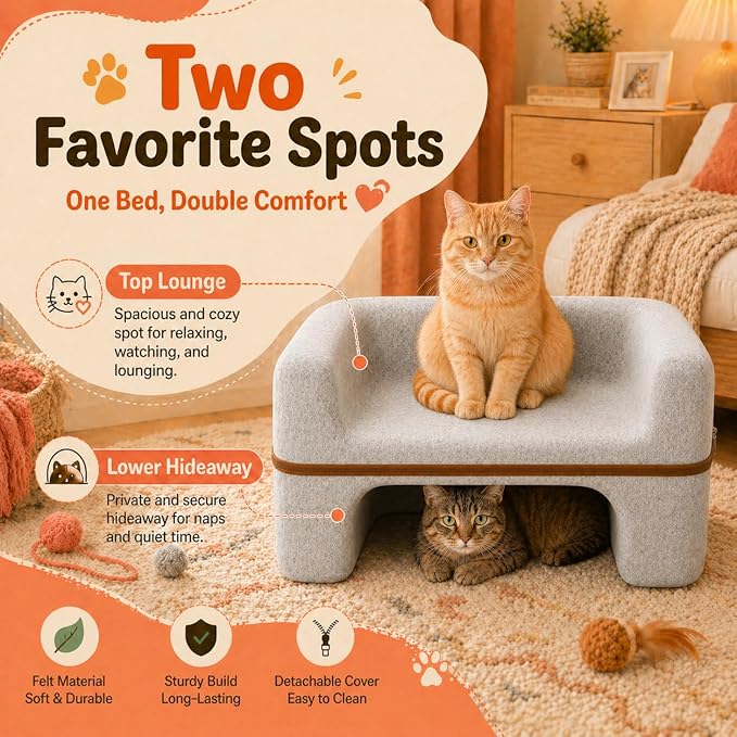 Cat Bed for Indoor Cats, 2-Tier Cat Cave Bed with Top Lounge & Lower Hideaway, Washable PET Felt Cat Sofa for Living Room, Bedroom, Apartment, Scratch-Friendly Cat Furniture, Light Gray