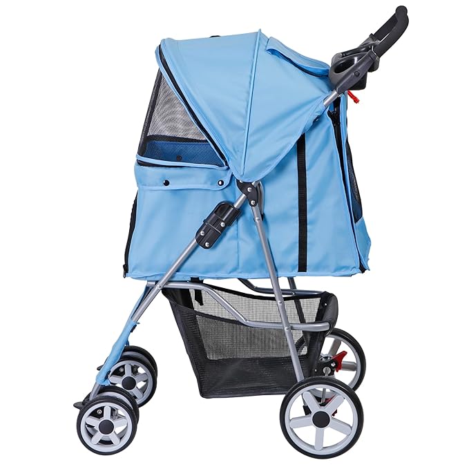 4 Wheels Foldable Pet Dog Cat Jogger Stroller Travel Carrier Strolling Cart w/Waterproof Cover Storage Basket Cup Holder & Removable Liner for Medium Small Cat Dog, Blue