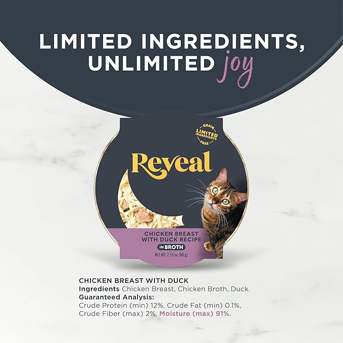 Reveal Natural Wet Cat Food, Limited and Natural Ingredients, Grain Free, High Protein with No Artificial Additives, Chicken Breast with Duck in Broth (18 x 2.12 oz Easy Peel Pots)