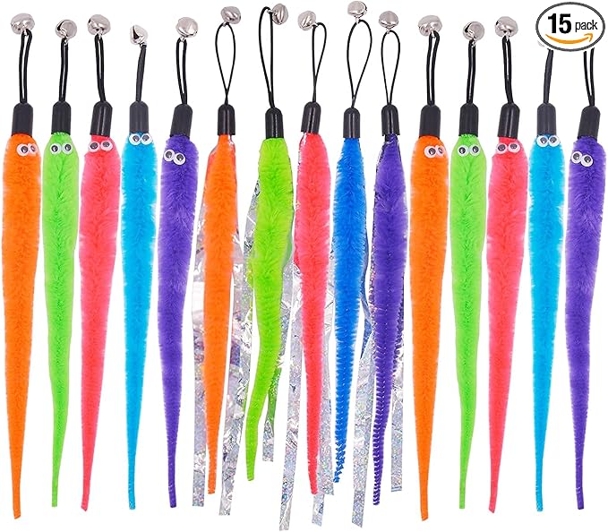 Cat Toy Worm Refills, 15 Pieces Interactive Cat Wand Attachments Worms Toy for Indoor Cats