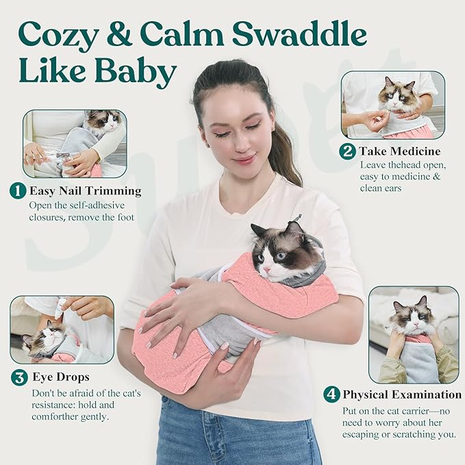 Supet Cat Grooming Wrap for Cutting Nails, Self-Adhesive Anti-Scratch Swaddle with Bite-Proof Mesh Hood & Thick Waist Strap Anti-Escape Bag for Nail Trimming, Medication, Ear Cleaning (Pink L)