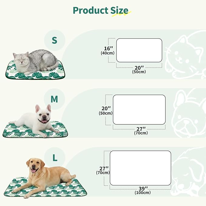 NWK Pack of 4 Pet Cooling Mat -Q-Max>0.345 Ice Silk Cooling Mat for Dogs & Cats Portable & Washable Pet Cooling Blanket, Car Seats, Beds for Summer (4pcs, Green Leaf, 27'' X 20'' X 0.3'')