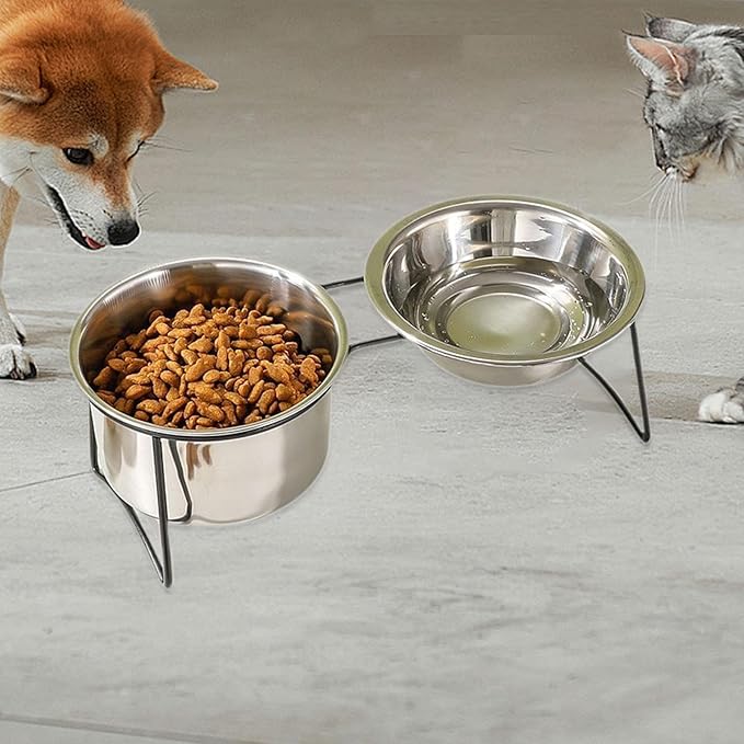 Cat Water and Food Bowl Stainless Steel Double Feeder Dish with Anti-Slip Base for Cats and Small Medium Dogs 11.46x4.41x3.94inch