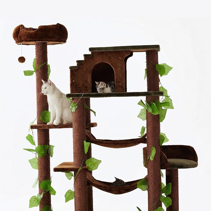 CozyCatFurniture XXL Cat Tree for Indoor Cats with Two Large Hammocks, Extra Wide Condo and Sisal Scratching Posts, Green/Brown