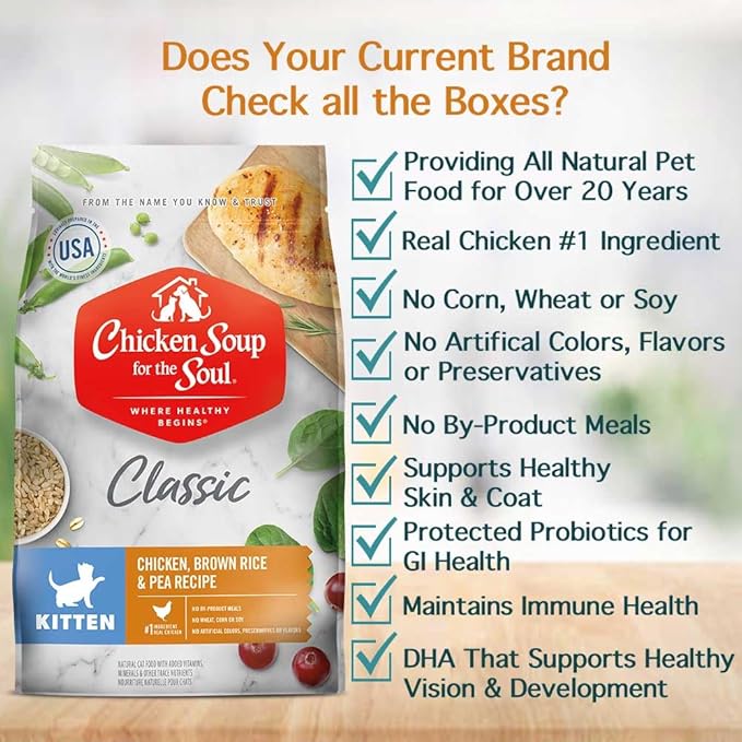 Chicken Soup for The Soul All Natural Premium Dry Kitten Food, Real Meat First Ingredient, No by-Products, Supports Brain & Vision Development, Chicken, Brown Rice & Pea, 4.5lb