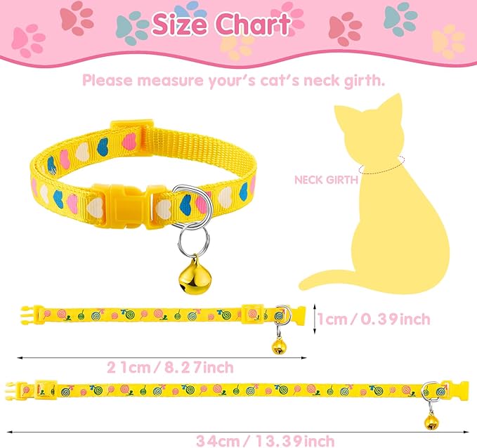 Frienda 6 Pack Cat Collars with Bells Breakaway Cats Collar Adjustable 8.27 to 13.39 Inches Safety Buckle Cute Pets Collar for Adult Cats and Small Dogs(Pink, Green, Red, Light Red, Yellow)