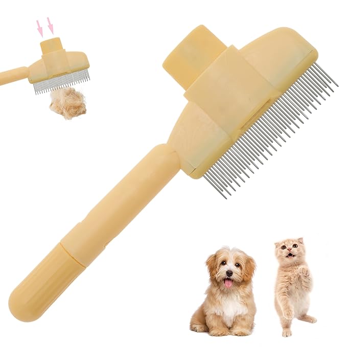 Cat Comb, Pet Hair Removal, Flea Exit, Grooming Brush with Release Button, De-Shedding Brush for Short and Long Hair Yellow