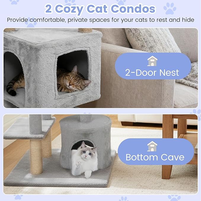 Tangkula 64 Inch Tall Cat Tree, Multi-Level Cat Tower with 2 Large Condos, Jute Scratching Posts, Plush Top Perch, Dangling Toys, Cat Climbing Furniture for Indoor Adult Cats & Kittens (Light Gray)