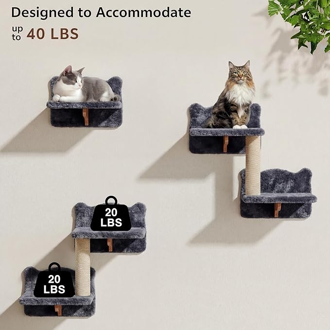 Cat Wall Shelves, Wall Mounted Cat Shelf Furniture with Plush Fabric (9 Piece Set), Cats Furniture with Condos, House, Steps, Bridge Ladder, Scratching Post, Grey