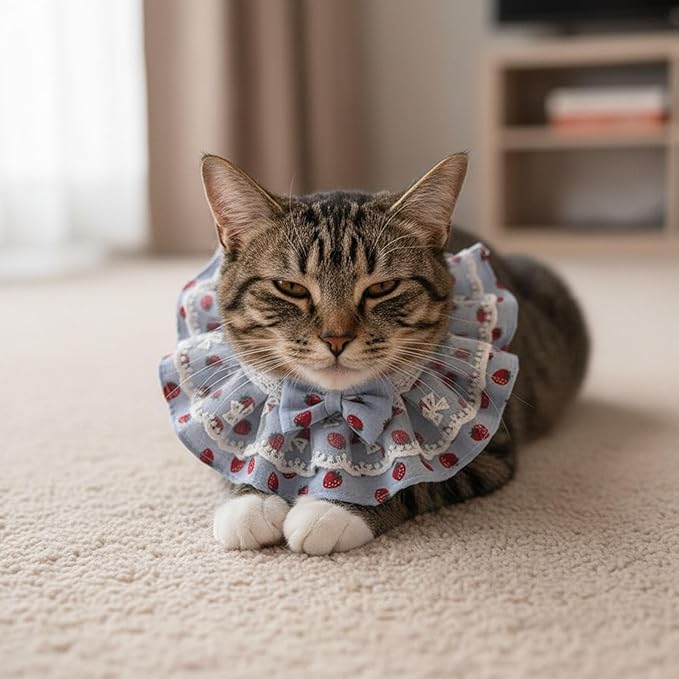 Cat Bib Collar, Cat Lace Bib with Bow Strawberry Print, Cute Kitten Scarf, Adjustable Lace Tie Puppy Bandana, Pet Costume Dress Up Accessories (S)