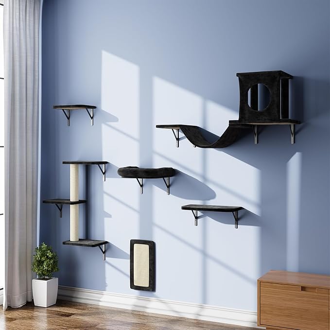 NUNU LAB Wall Mounted Cat Climber Set, 6 Pcs Cat Furniture Set with House, Bridge, Steps, Scratcher Board and Hammock, Shelves for Indoor, Luxury Walls Furniture, Black