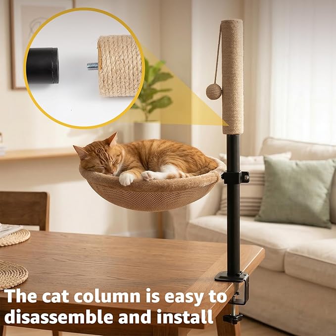 Cat Desk Bed with Scratching Post - Adjustable Height & 360° Rotation, Reversible Machine Washable Cover, Space-Saving Clamp-On Design for Office Desks, Sturdy Support for Indoor Cats (Camel)