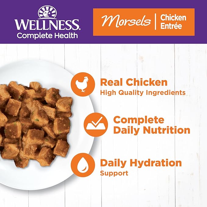 Wellness Complete Health Morsels Adult Canned Wet Cat Food, Natural, Protein Rich, Grain Free, Chicken Entrée Recipe, 5.5 oz, Pack of 24 Cans