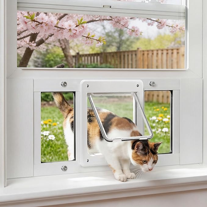 Full-Size Window Pet Door for Cats & Small Dogs, Fits 24"-28" Width Windows, Easy to Install, No-Damage Cat Door for Window, Magnetic Closure Cat Door Window Insert, Weatherproof Cat Door