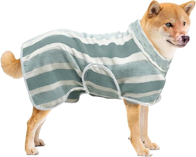 Fast Drying Dog Bath Robe, Super Absorbent Stripes Dogs Towel, Adjustable Warm Keeping Pet Puppy Bath Supplies (Green, XS)