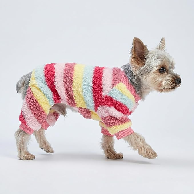 Fitwarm Fuzzy Striped Dog Fleece Pajamas, Warm Winter Clothes for Small Dogs Girl, Cozy Pet Outfit with Feet, Pink, Red, Yellow, Medium
