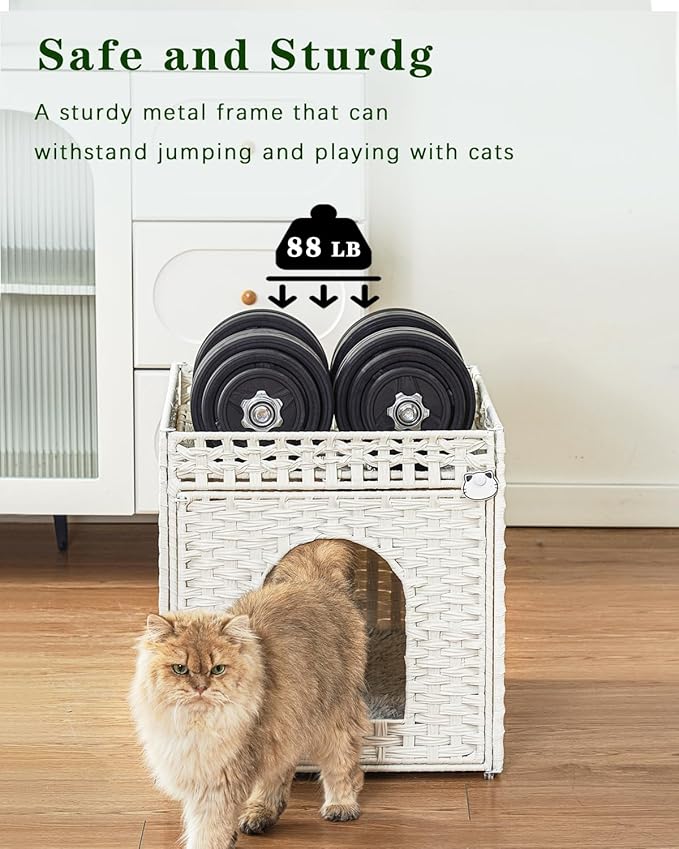 SETVSON Cat Beds for Indoor Cats Extra Large Double Cat Cave Pet Cube, Handwoven Rattan Cat Houses with Double-Sided Soft Cushions, 18.5 x 20.5 x 19.1 Inches Foldable Hideaway in Living Room White