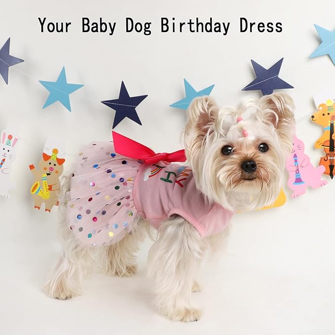 Dog Birthday Outfit Clothes for Small Medium Dogs, Print Colorful Polka Dot Mesh Dresses Girl Dog Clothes, Summer Tutu Princess Pet Puppy Clothing Doggie Outfits Cat Apparel, Large, Pink