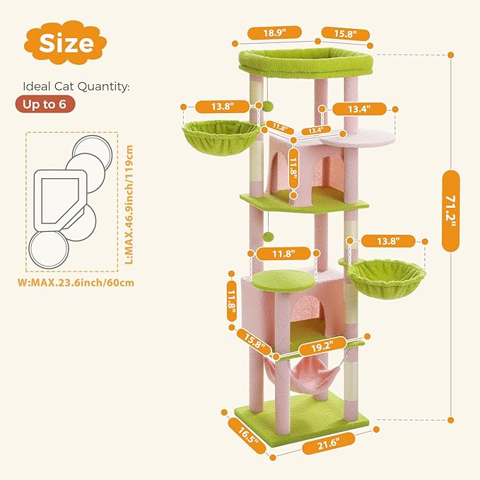 MUTTROS Flower Cat Tree for Large Indoor Cats, 71.2-Inch Tall Multi-Level Cat Tower with Scratching Posts, 3 Soft Hammocks, 2 Large Condos, Super Big Perch & Pompoms for Multi-Cat Households, Pink
