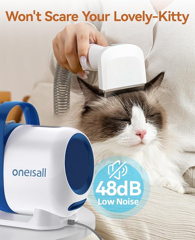 oneisall Cat Grooming Vacuum, Quiet Pet Vacuum Grooming Kit with Brush & Clippers for Hair Shedding Trimming, 6 in 1 Cat Vacuum Groomer for Pet Hair Grooming, White