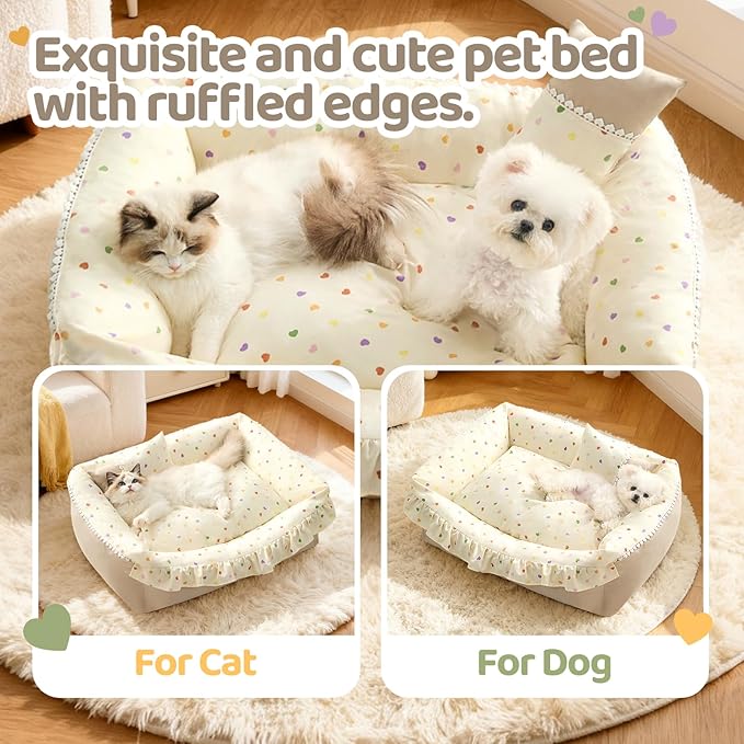 Jiupety Cat Bed for Indoor Cats Dog Beds for Small Dogs Removable Washable Small Dog Beds Pet Beds with Slip-Resistant Bottom Ruffled Puppy Beds with Pillow,Beige 24"x20"