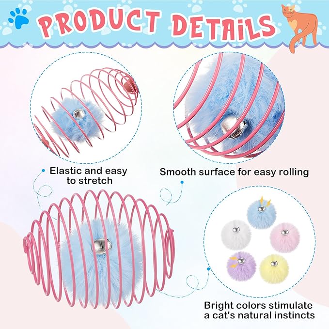 Jecery 5 Pcs Cat Spring Toys Stretchable Rolling Balls Colorful Playful Coils Interactive Action Toy Caged Rats for Kitten Pet Supplies (Pom-pom with Bell,Multicolor)