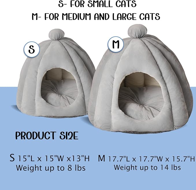 Cat Bed for Indoor Cats - Adorable Cozy Pumpkin Cat Cave with Removable Cushion, Super Soft Pet House Tent for Kittens & Small Pets, Warm & Washable Non-Slip Design(S 15 inch, Light Gray)