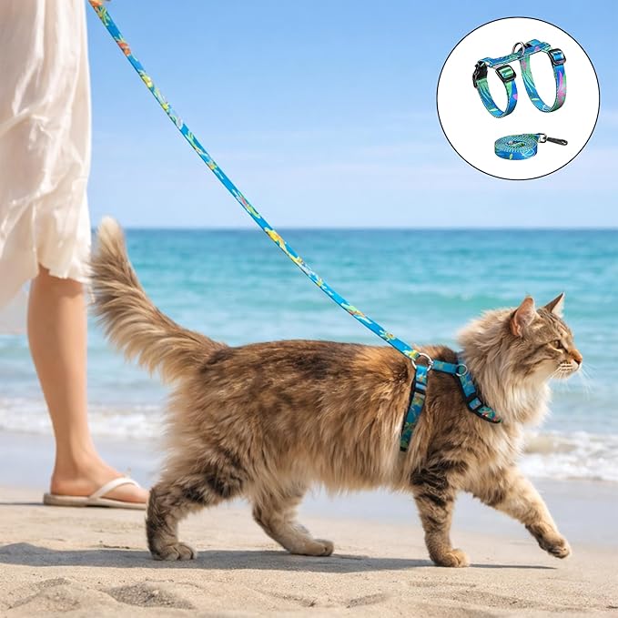 Cat Harness and Leash Set, 3-in-1 Adjustable & Lightweight, Escape Proof Cat Harness, Walking Travel Kitten Harness for Small Medium Large Cats (Hawaii Green)