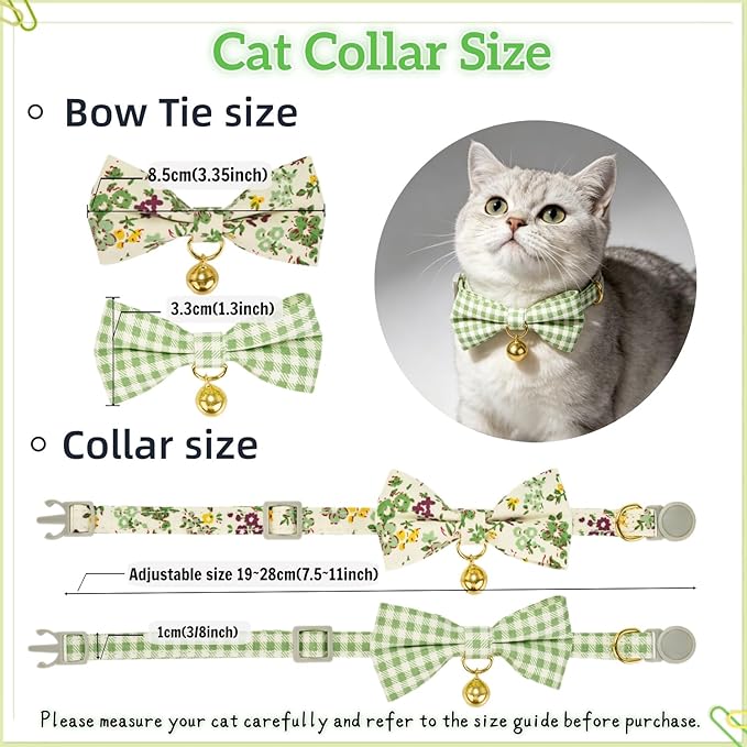 2 Pack Cute Cat Collar with Bow Tie & Bell, Adjustable Green Floral/Gingham Check Kitten Collars with Safety Breakaway Buckle for Cats & Small Dogs(GN Fl+Plaid)