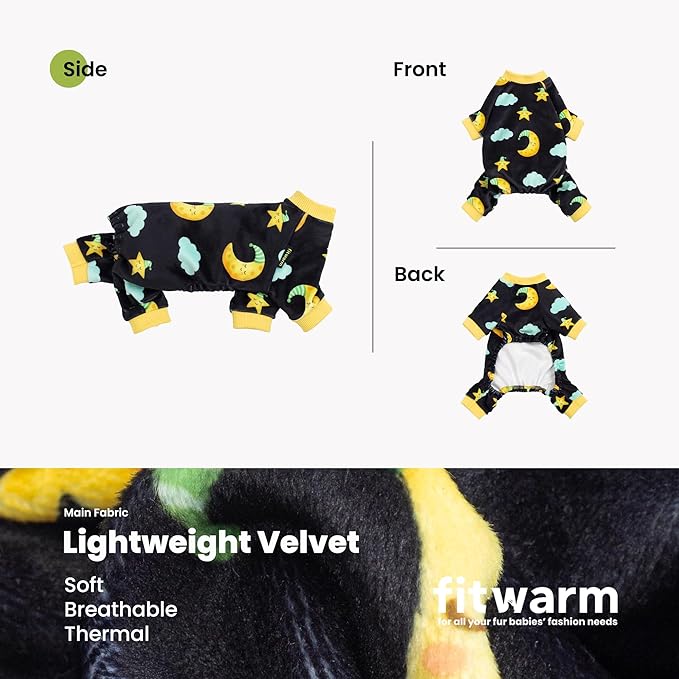 Fitwarm Moon and Stars Dog Fleece Pajamas, Cozy Winter Clothes for Small Dogs Boy Girl, Funny Pet Outfit, Black, Yellow, Small