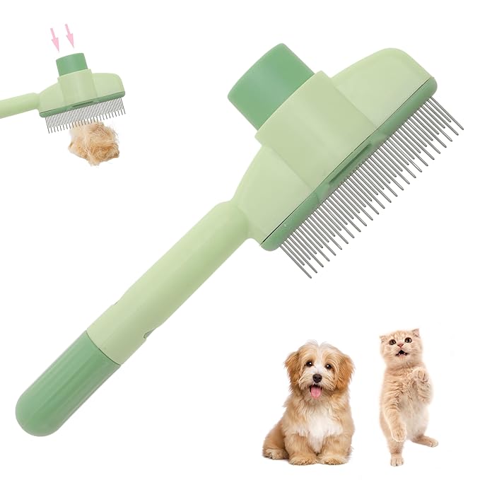 Cat Comb, Pet Hair Removal, Flea Exit, Grooming Brush with Release Button, De-Shedding Brush for Short and Long Hair Green