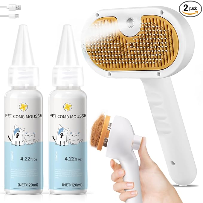 Pet Steam Brush for Dog & Cat – 3-in-1 Spray Hair Removal Comb – Steam for Shedding & Grooming – Water Brush for Long & Short Haired Pets – Spritz Defur Comb – Includes 2*Waterless Shampoo