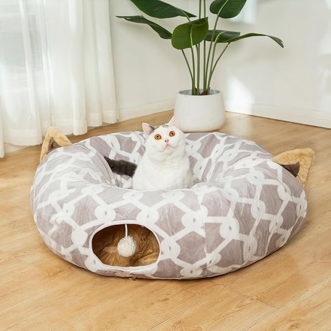 Large Cat Tunnel Bed Under Christmas Tree with Fluffy Toy Balls, Small Cushion and Flexible Design- 10 inch Diameter, 3 ft Length- Great for Cats, and Small Dogs, Gray Geometric Figure