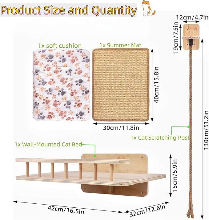 Wall-Mounted Cat Bed & 4.3ft Climbing Rope, with Soft Cushion & Cool Mat, Wall-Mounted Cat Furniture for Sleep Climb, Easy DIY Installation