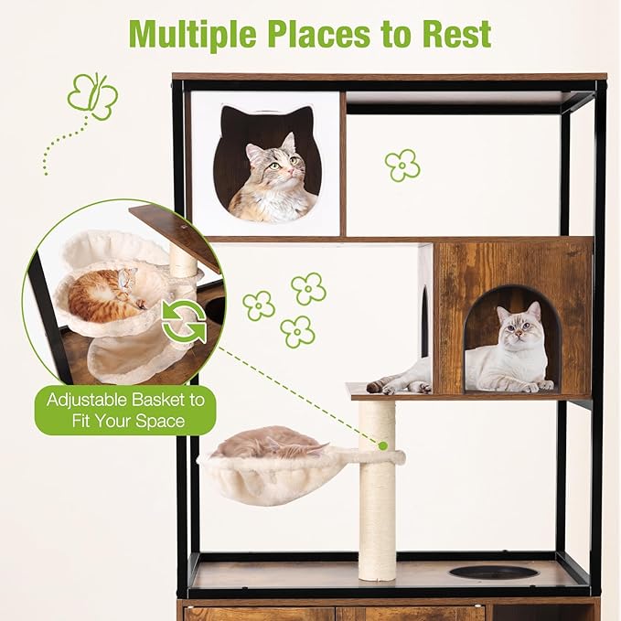 GUTINNEEN Cat Litter Box Enclosure with 4 Levels Cat Tree, 57.5 Inch Indoor Hidden Covered Cat Beds & Furniture, Cat House for Multi Small Pet Large Kitten Kitty