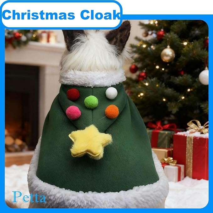 Cat Christmas Costumes Outfit Green Xmas Tree Elf Pet Cloak with Hat with Star and Pompoms Puppy Cape Clothes Party for Small Dogs Cats Pet Santa Presents,Green,Small PC305-1-S
