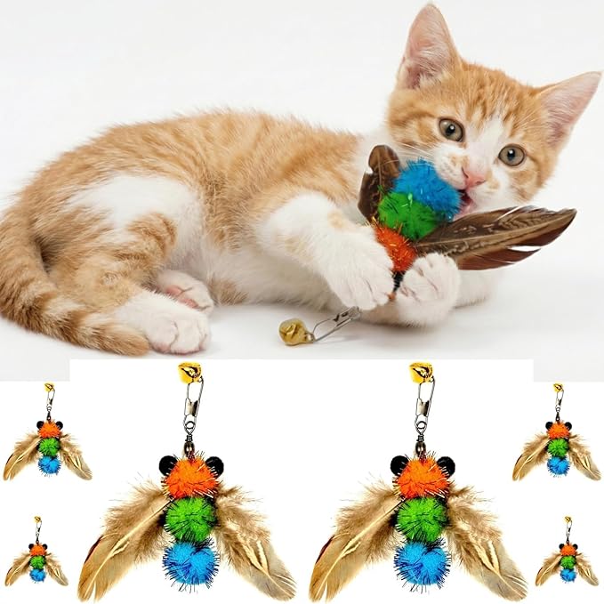 miwoowim 6 PCS Insect Bees,Feather Cat Toys, Kitty Wand Toy Refill,Cat Toy Wand Replacement Attachments,Kitten Feather Refills,Insect Interactive Teaser Wand Feathers