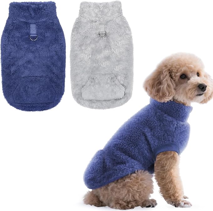 Idepet Fleece Dog Sweater Vest 2 Pack, Small Dog Clothes Sleeveless with Leash Ring and Pocket, Warm Puppy Sweatshirt Pet Cold Weather Pullover for Cats (Grey+Navy, X-Small)