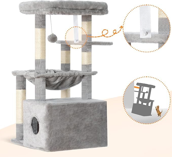Heybly Cat Tree, Kitten Tower with Large Soft Cat Basket,Cat Condo with Spacious Cat Bed Cave with Hidden Space，Sisal-Covered Scratching Posts,Dangling Ball for Indoor Cats, Light Gray HCT008SW