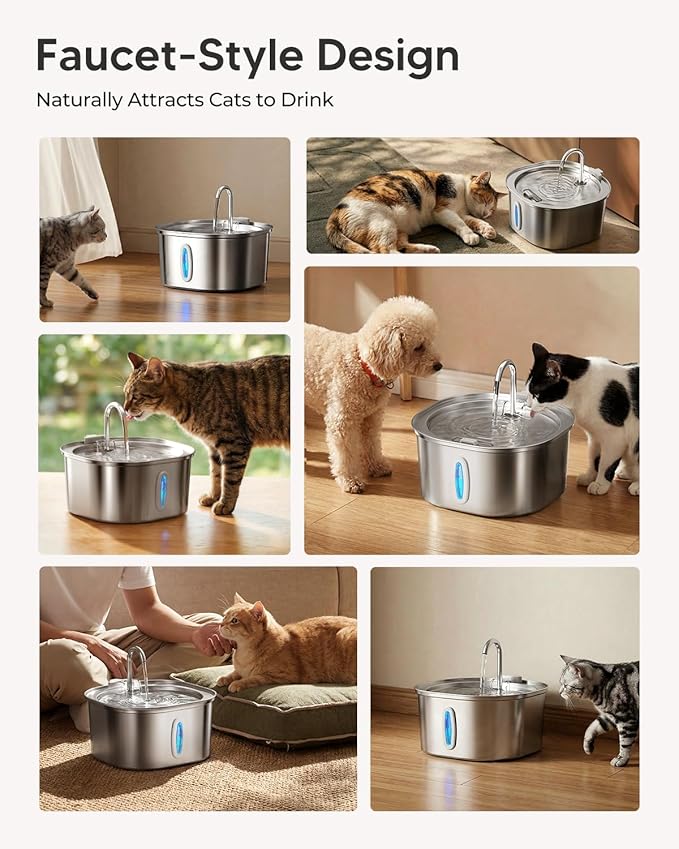 PEKTACO Stainless Steel Cat Water Fountain, 3.2L/108oz Cat Water Dispenser with Quiet Water Pump, Dishwasher Safe Pet Drinking Fountain for Cats